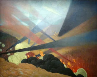 Verdun, értelmezett háborús festmény, fekete, kék és piros színű vetületek, pusztított terep, gazn felhők